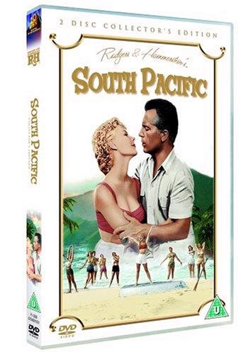 "White DVD case with 'South Pacific' title and romantic beach scene featuring couple embracing."