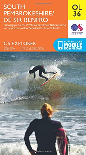 Ordnance Survey Explorer map cover for South Pembrokeshire showing a surfer on a wave.