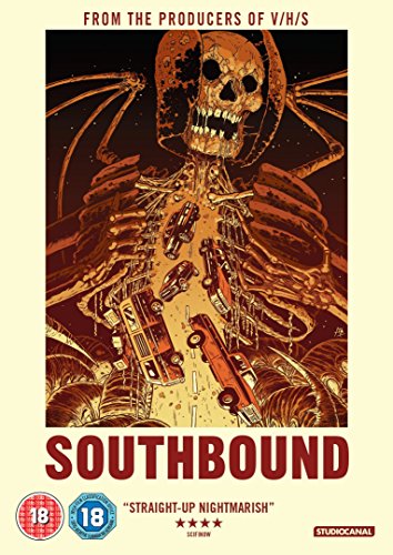 DVD cover for horror film "Southbound" featuring a skeletal figure and cars.