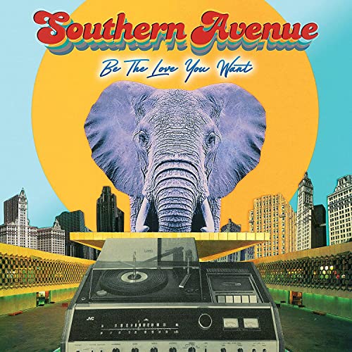 CD cover: elephant over a cityscape and vintage record player.