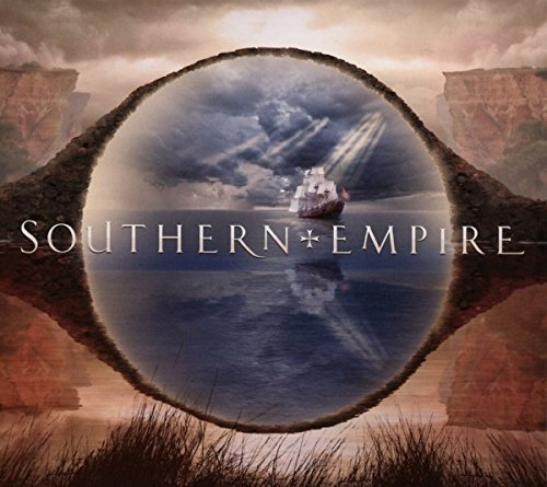 "Album cover with a ship in a circular portal, surrounded by cliffs and grass."