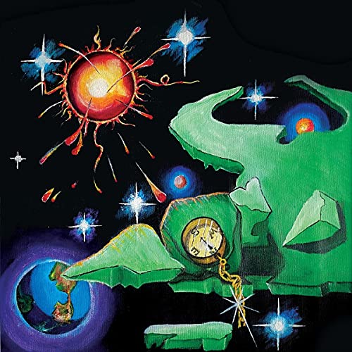 Painted album cover with a sun, green landscape, and starry sky.