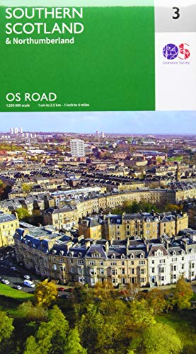Ordnance Survey road map cover for Southern Scotland and Northumberland featuring a cityscape photograph.