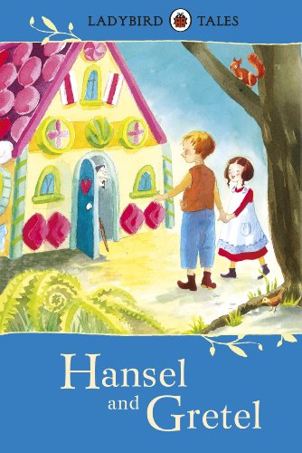 “Hansel and Gretel” book cover with children before a candy house.