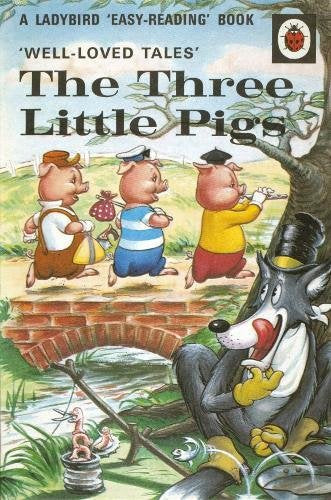"Children's book cover featuring cartoon pigs and a wolf, with title 'The Three Little Pigs'."