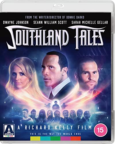 Southland Tales" Blu-ray cover featuring Dwayne Johnson, Sarah Michelle Gellar, and Seann William Scott.