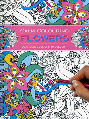 Spiral-bound coloring book with floral designs, a hand coloring a page.