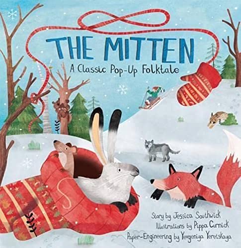 Winter scene with animals gathering around a large, striped mitten.