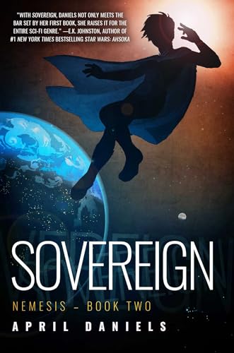 Book cover: Silhouette of a figure falling toward Earth, title "Sovereign: Nemesis.