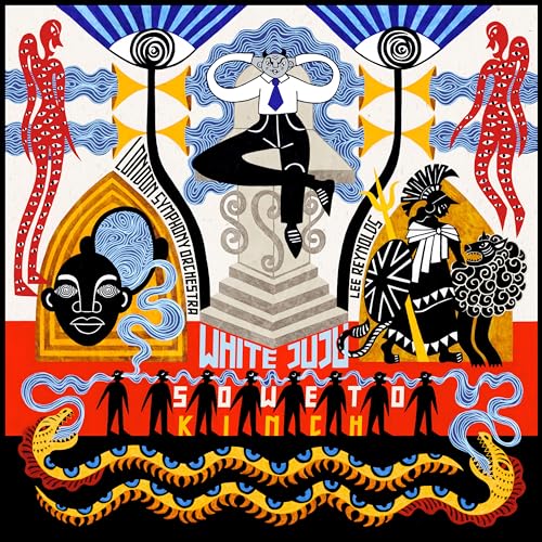 Album cover art featuring a central figure on a pedestal surrounded by stylized illustrations.
