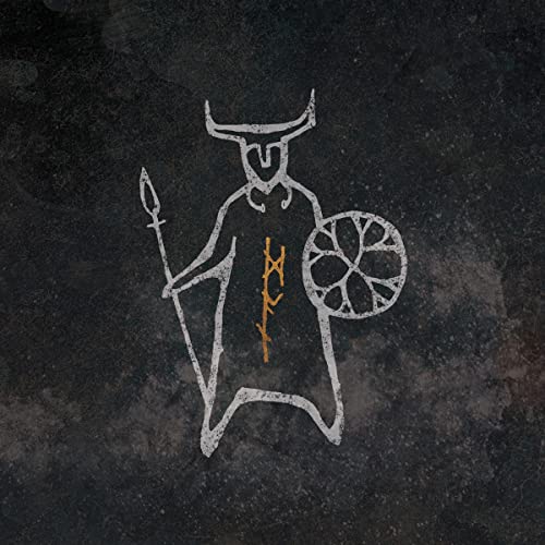 Stylized white figure with shield and spear on a dark, textured background.
