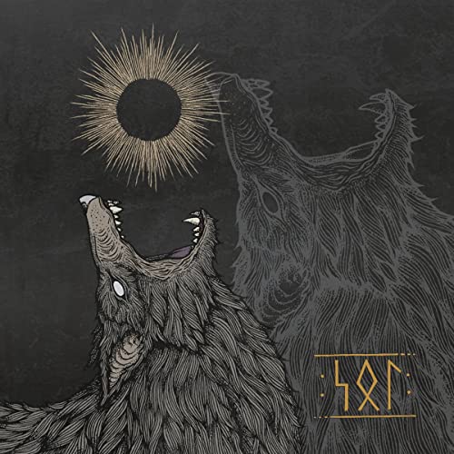 Dark album cover with a sun, wolf head, and runic symbols.