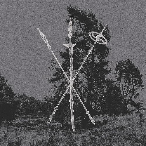 Black and white album cover featuring crossed, ornate spear-like objects.