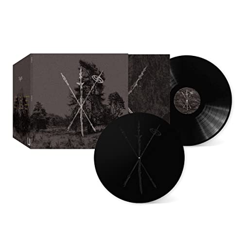 Black vinyl record and sleeve with abstract forest and spear imagery.