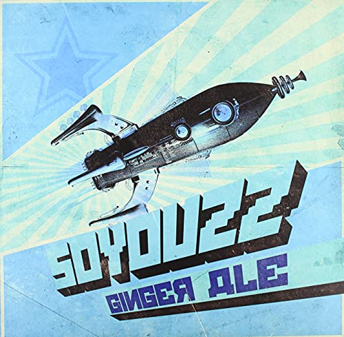 Retro-style vinyl record cover with a rocket ship and bold text.