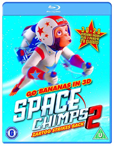 Blu-ray cover for "Space Chimps 2" featuring a chimpanaut with bananas.