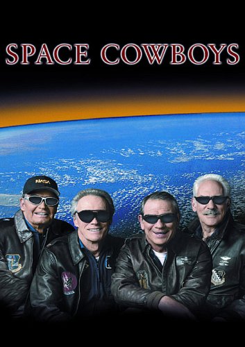 Four men in flight jackets and sunglasses stand before an image of Earth.