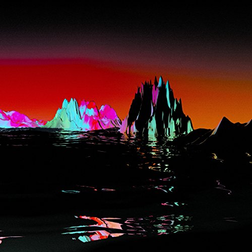 Abstract landscape with jagged peaks in neon pink, turquoise, and orange.