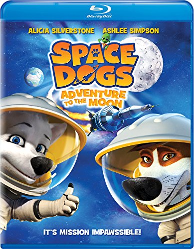 Animated dogs in space suits on a Blu-ray cover titled "Space Dogs - Adventure To The Moon."