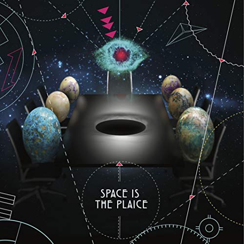 Album cover art: black background with planets and a square object, titled "Space is the Plaice".