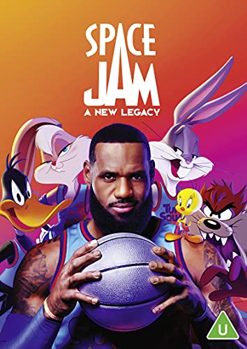 LeBron James holding a basketball surrounded by Looney Tunes characters against a gradient background.