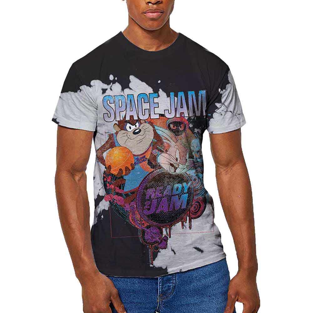Black and white dip-dye t-shirt featuring Space Jam characters and logo.