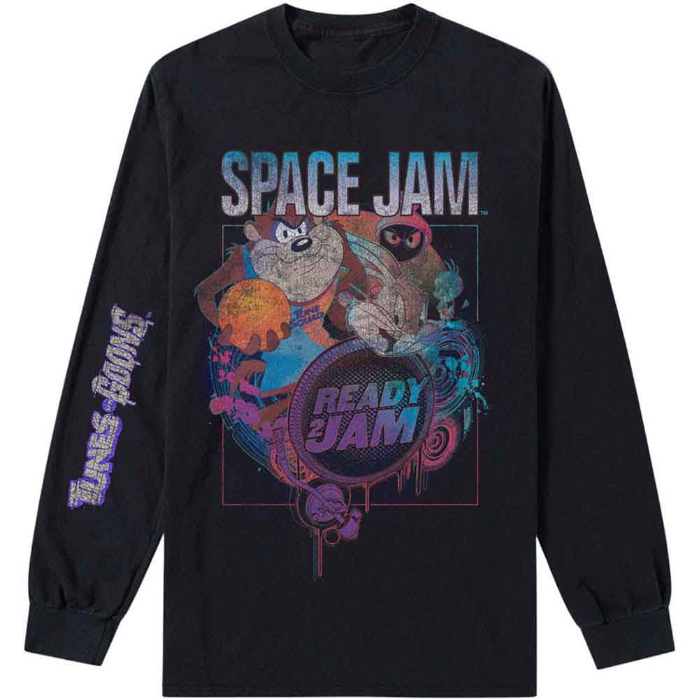 Black long sleeve Space Jam t-shirt with cartoon logo and model.