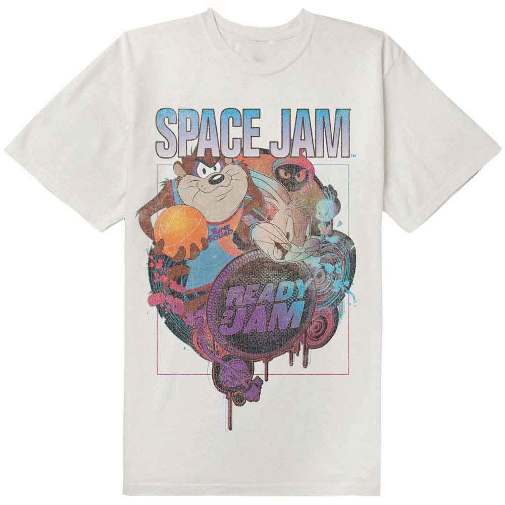 White t-shirt with Space Jam logo and cartoon characters printed on front.