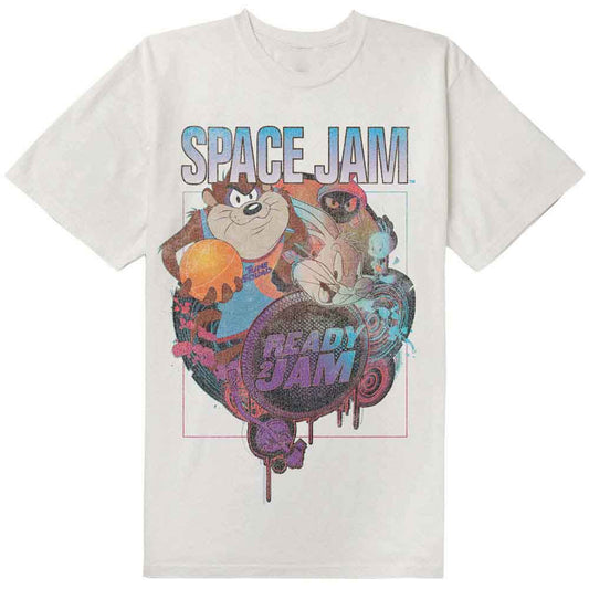 White t-shirt with Space Jam logo and cartoon characters printed on front.