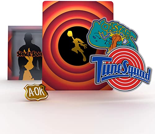 Space Jam steelbook with Tune Squad logo, character pins, and Looney Tunes target background.