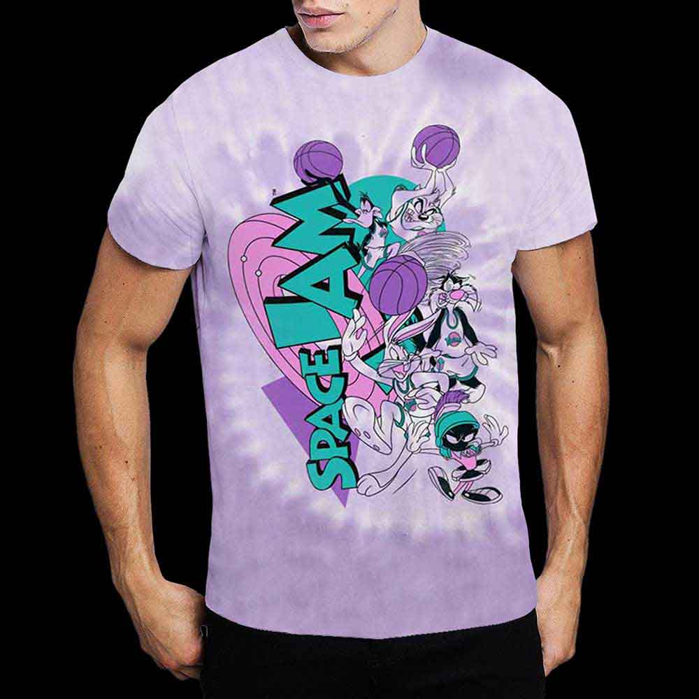 Dip-dye Space Jam t-shirt featuring Bugs Bunny, Daffy Duck, and other Looney Tunes characters.