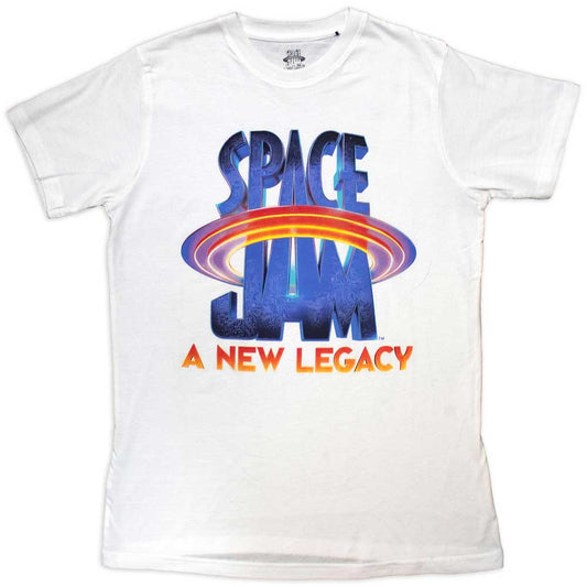 Black t-shirt with the colorful Space Jam 2 logo graphic print.