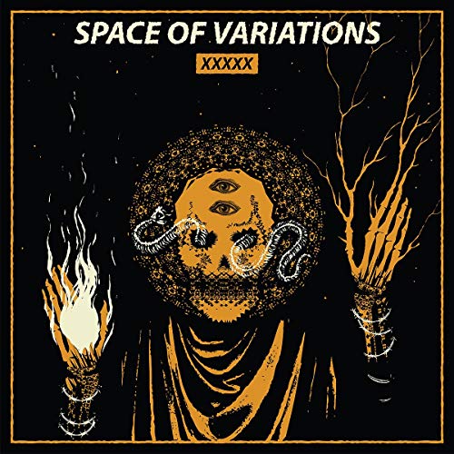 "Album cover with a hooded figure, skull, and torch against a black background."