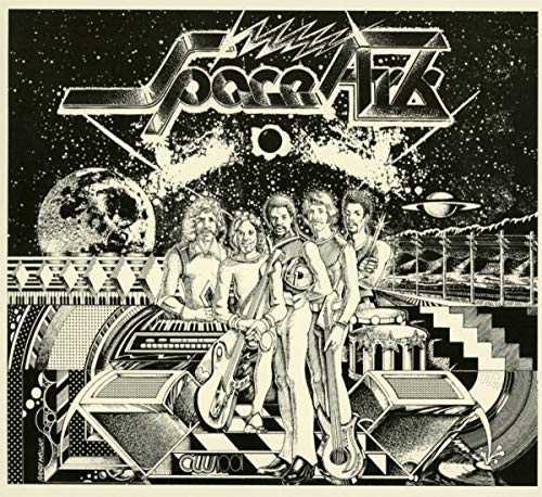 Black and white album cover featuring a band with a spaceship and planets.