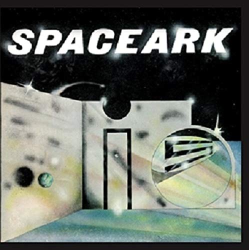 Spaceark album cover with abstract spaceship and starry background.