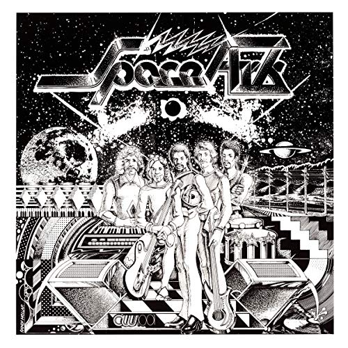 Black and white album cover featuring a band in a space-themed illustration.