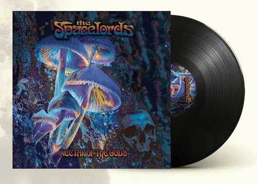 Spacelords vinyl record cover featuring glowing mushrooms and a skull.