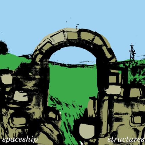 Abstract vinyl album cover with an arched stone structure and green fields.