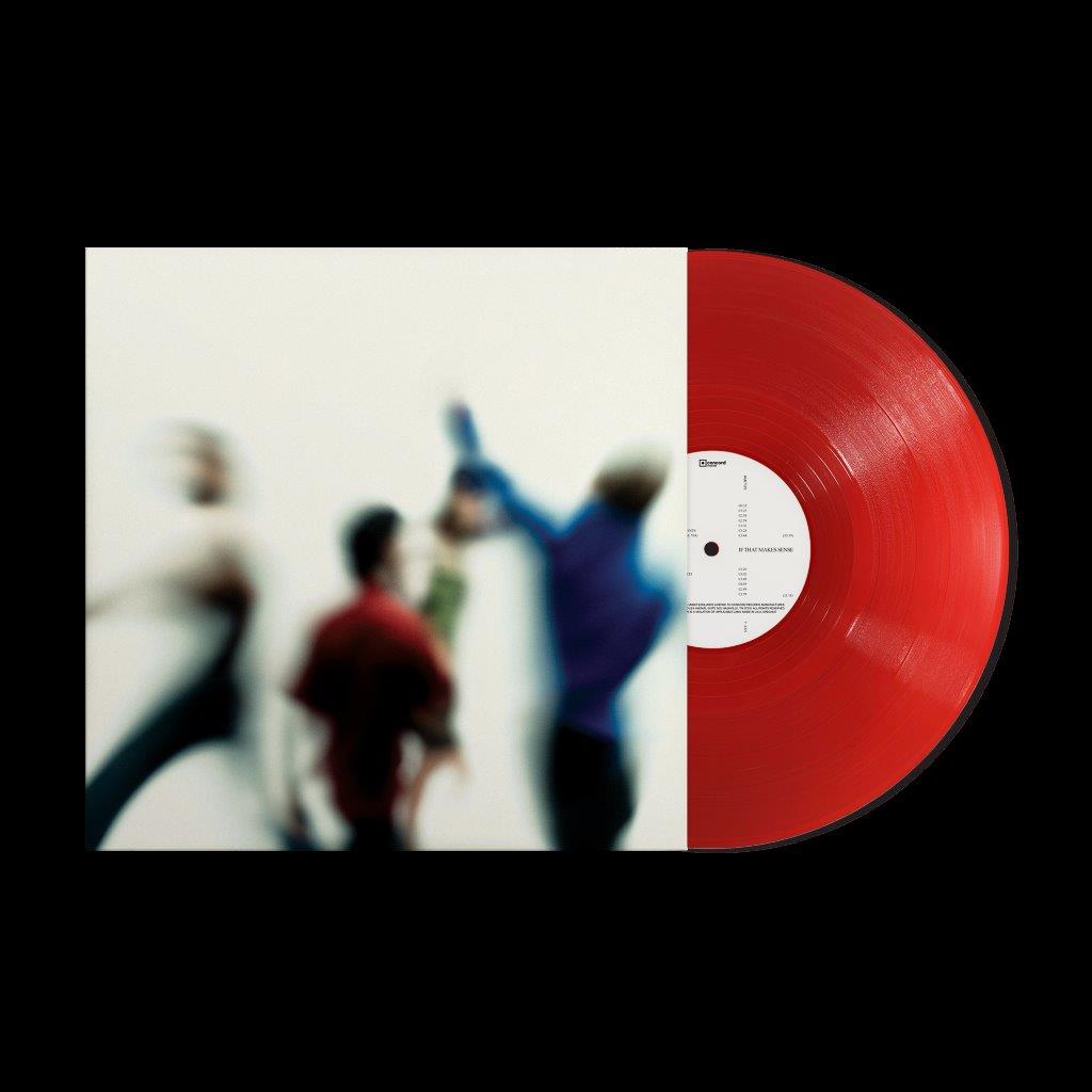 Red vinyl record with blurred figures on the album cover.
