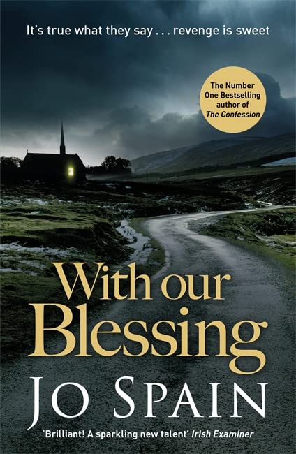 Book cover: winding road, church, dark sky, title “With Our Blessing.”