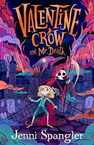 Book cover: girl and skeleton figure in a spooky, colorful town.