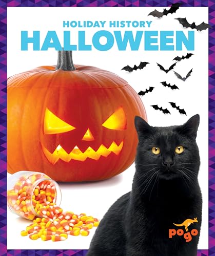 Halloween book cover with jack-o'-lantern, black cat, and candy corn.