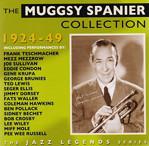 "CD cover with Muggsy Spanier holding a trumpet, list of performers on left."