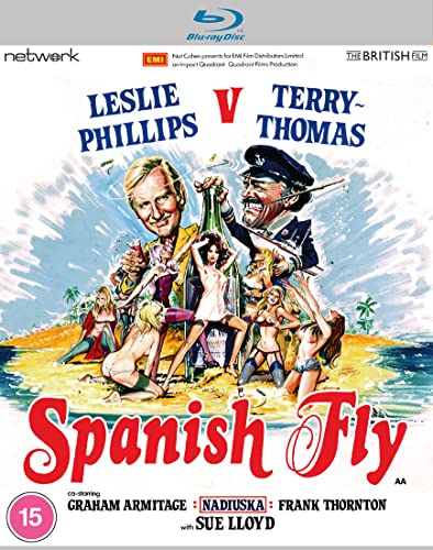 Spanish Fly" Blu-ray cover featuring caricatures of actors and scantily clad women.