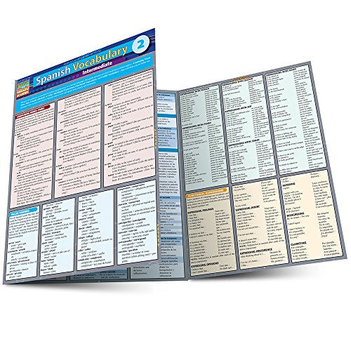 Open Spanish vocabulary study guide with columns of words and phrases.