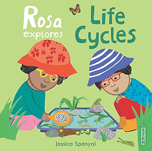 Book cover: two children observing a frog habitat with a magnifying glass.