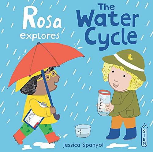 Colourful illustrated book cover featuring a young girl exploring water cycle with diagrams.