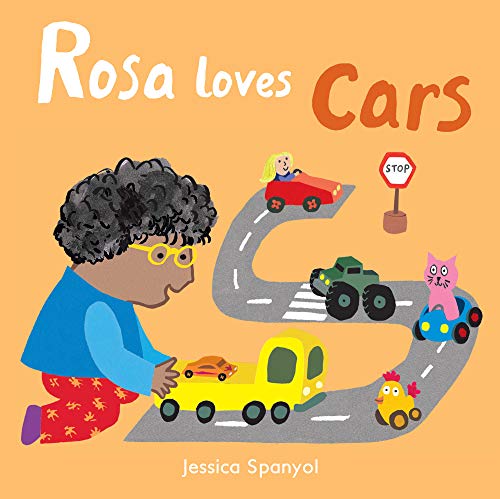 Child with cars on a road, illustrated in a colorful storybook style.