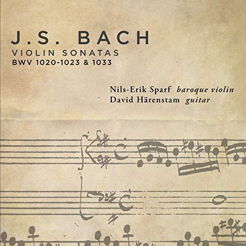 CD cover for Bach violin sonatas with sheet music background.