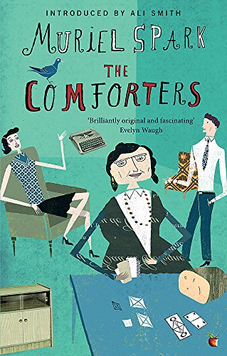 Book cover for The Comforters by Muriel Spark with stylized illustrations of three people.